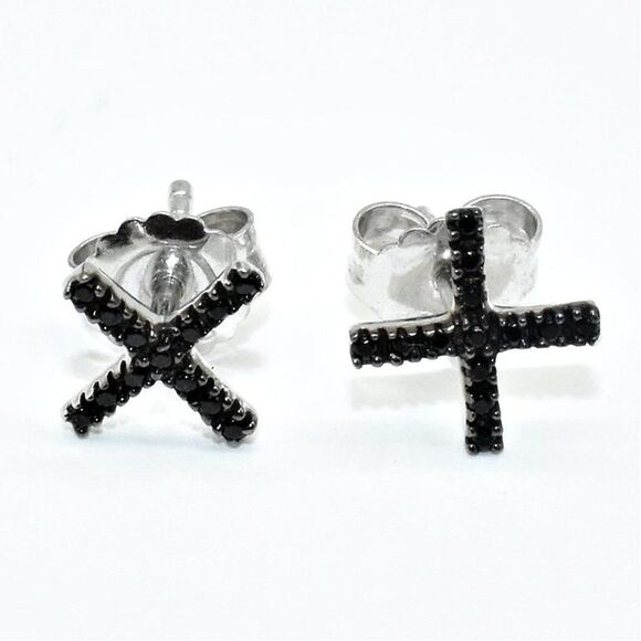New Black Spinel Xs And Os Rhodium Plated Earrings - Picture 3 of 5